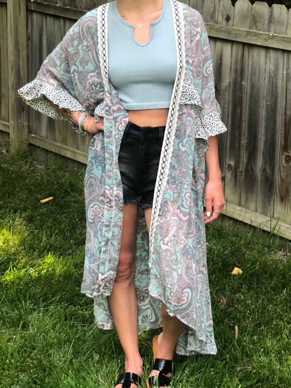 Vigil Boho Paisley Kimono Duster in Mint & Blush